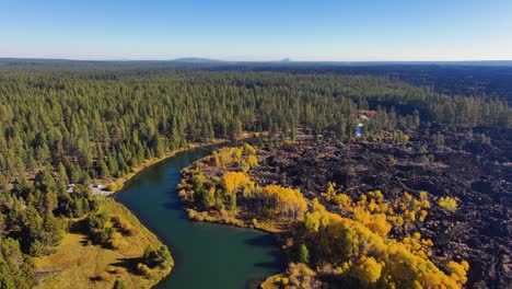 Toma-Aérea-Amplia-De-Cielo-Azul,-Río,-Follaje-De-Otoño-En-Bend-Oregon