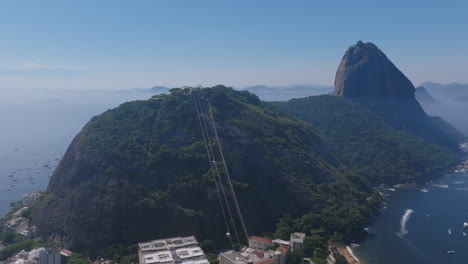 Static-aerial-footage-of-Sugarloaf-Mountain-with-the-cable-cars-going-up-and-down