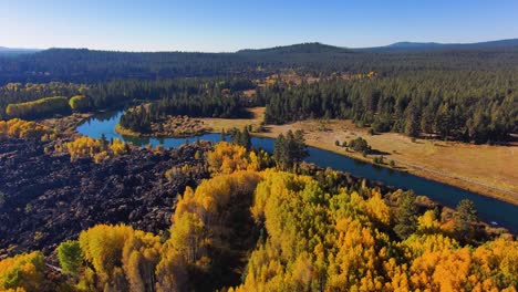 Toma-Aérea-Amplia-De-Cielo-Azul-Y-Coloridos-árboles-Otoñales-Cerca-De-Bend,-Oregon