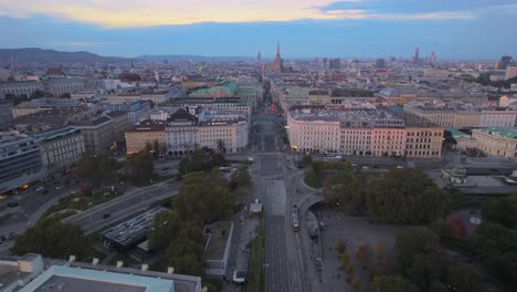 Aerial-Shot-of-Historic-City-Vienna,-Austria-at-Sunset-Sunrise