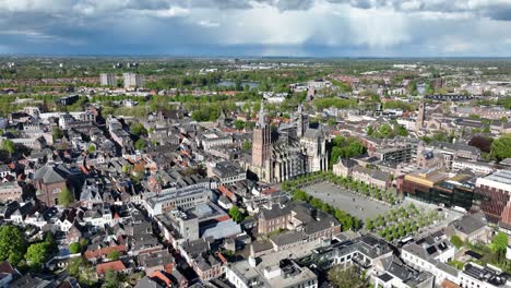 Den-Bosch,-The-Netherlands,-cathedral-aerial-drone-view-of-the-city-center