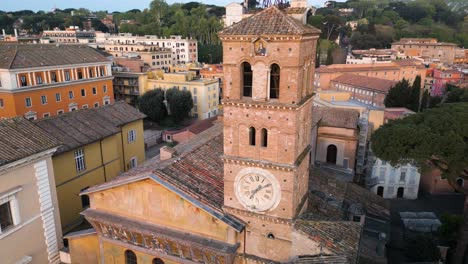 Drone-Orbits-Above-Basilica-of-Our-Lady-in-Trastevere-Bell-Tower