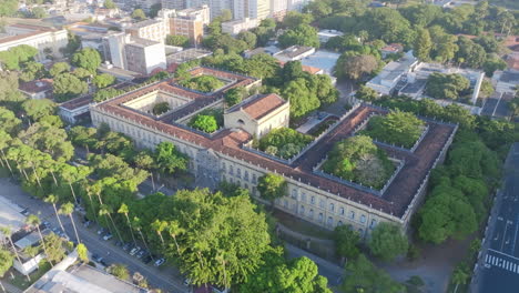 Aerial-footage-rotating-around-UFRJ---Campus-Praia-Vermelha,-a-university-in-Rio-de-Janeiro-in-the-light-of-the-morning