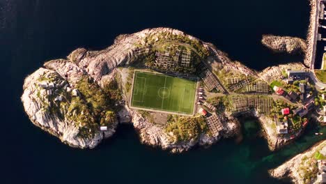 Top-down-aerial-360-of-the-Henningsvær-soccer-field,-Lofoten-Islands,-Norway