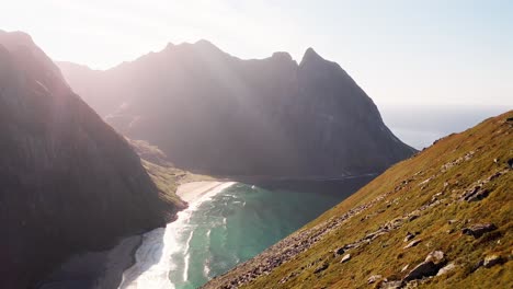 Aerial-shot-revealing-Kvalvika-Beach-while-a-happy-couple-and-their-dog-admire-the-view,-Lofoten-Islands,-Norway