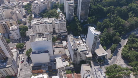 Aerial-flyover-of-Botafogo-in-Rio-de-Janeiro-in-the-morning-with-traffic-on-the-roads