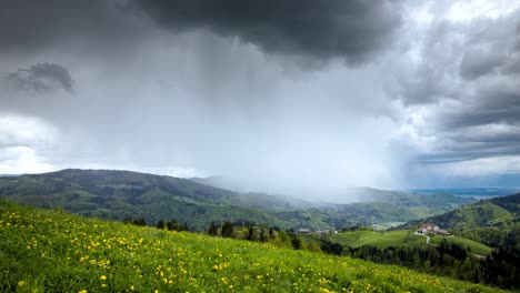 Vast-green-valley-dotted-with-yellow-flowers-under-a-stormy-sky,-where-sunlight-piercing-through-the-clouds-adds-drama-to-the-serene-landscape