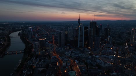 Cityscape-of-Frankfurt-am-Main,-Germany,-the-skyline-panorama-of-the-Bankenviertel-financial-center-skyscrapers-at-sunset