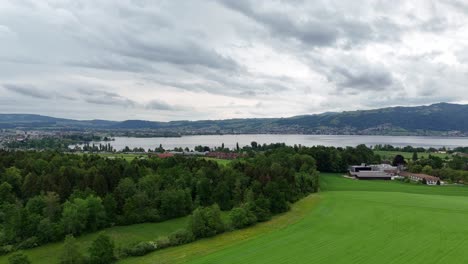 Scenic-aerial-view-of-lush-green-fields-and-forest-with-a-lake-and-mountains-in-Hünenberg,-Switzerland