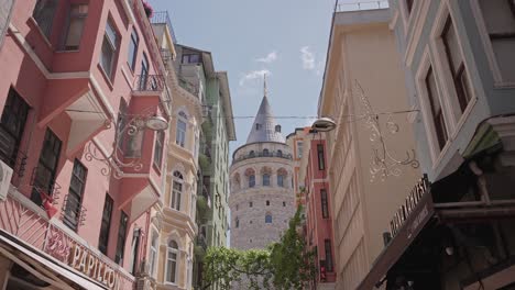 The-historical-Galata-Tower-visible-between-buildings-in-Istanbul,-Turkiye
