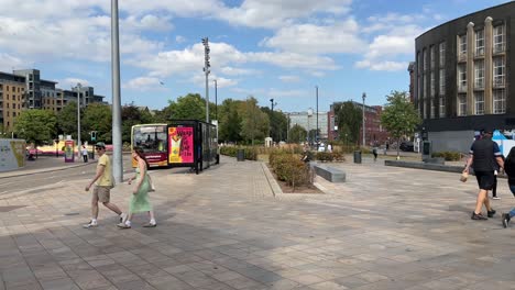 panning-view-looking-from-the-Whitefriargate-Monument-bridge-area,-towards-Hull-Maritime-Museum-which-is-clad-in-plastic-sheet