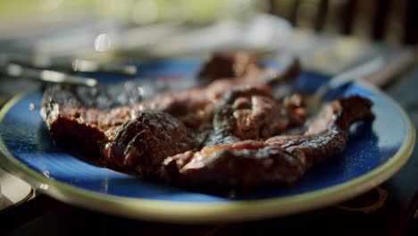 A-steak-on-a-blue-plate-in-the-garden