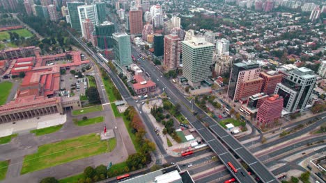 Aerial-orbiting-shot-over-Bernardo-O´Higgins-Military-School-by-Apoquindo-Avenue,-Santiago,-Chile