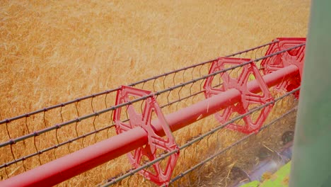 Close-up-view-on-the-reaper-of-a-combine-harvester-during-the-barley-harvest,-4K