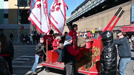 Chinatown-Community-Young-Lions-parade,-dancing-and-drumming-in-Manhattan,-New-York-City