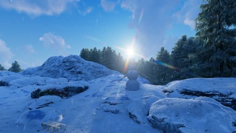 Invierno,-Entorno-Natural,-Con-Muñeco-De-Nieve-Con-Sombrero-Negro,-Nieve-Cayendo,-Nubes-Pasando,-Puesta-De-Sol,-Cielo-Azul,-Pinos-Y-Acantilados-Animación-Fotorrealista-En-3D-En