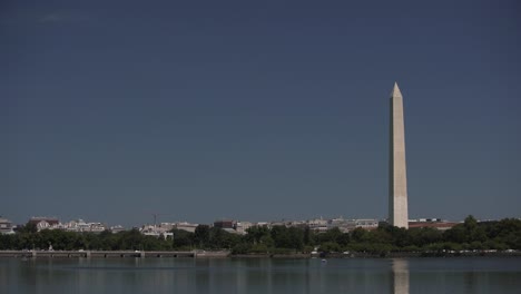 The-Washington-monument-obelisk-reflecting-on-the-water-and-blue-sky-on-background
