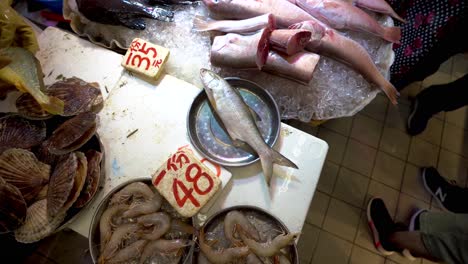 Mercado-De-Pescado-De-Hong-Kong,-Conchas-Marinas,-Peces-Y-Camarones-En-La-Mesa-De-Exhibición-Del-Vendedor,-Vista-De-Arriba-Hacia-Abajo