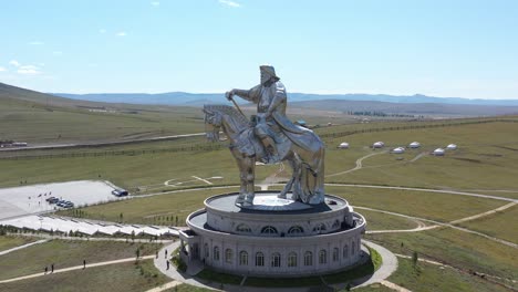 Aerial-circling-or-Equestrian-statue-of-Genghis-Khan-in-sunny-daytime,-Mongolia