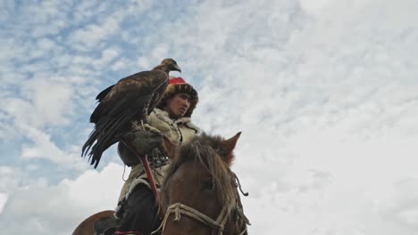 Kazakh-golden-eagle-hunter-on-horseback-with-adult-bird,-Altai-Mountains-Mongolia