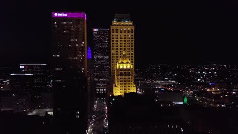 Aerial-drone-footage-of-downtown-Tulsa-at-night