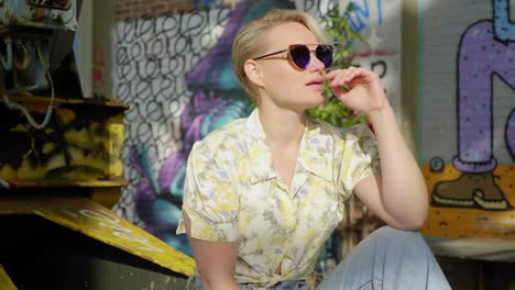 Young-trendy-woman-poses-in-front-of-a-graffiti-covered-building