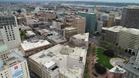 Aerial-Drone-shot-of-Oakland-buildings-and-streets,-California,-Oakland-City,-4k-footage