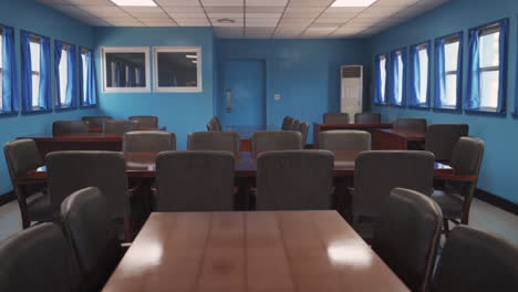 Truce-Village-meeting-room-in-the-Joint-Security-Area-of-the-Korean-Demilitarized-Zone,-wide-shot-in-4K