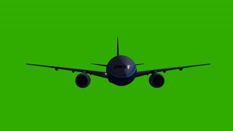 Die-Kamera-Schwenkt-Um-Ein-Flugzeug-Ohne-Logo,-Das-Nachts-Vor-Einem-Greenscreen-Hintergrund-Fliegt