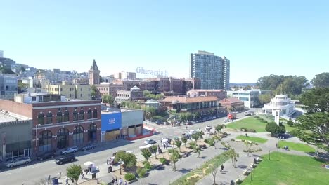 Drone-Aerial-Shot-of-San-Francisco-Ghirardelli-Square-and-City