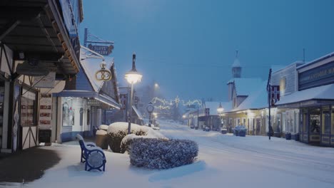 Early-morning-in-Poulsbo-Washington-with-a-rare-snowfall,-a-view-of-downtown
