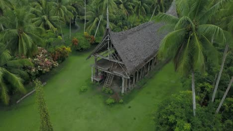 Luftaufnahme-Vom-Abstieg,-Malerische-Aussicht-Auf-Holzhütte,-Palmen-Und-Grünes-Grasland-Im-Hintergrund-Im-Dorf-Kanganaman,-Sepik-Region,-Papua-Neuguinea