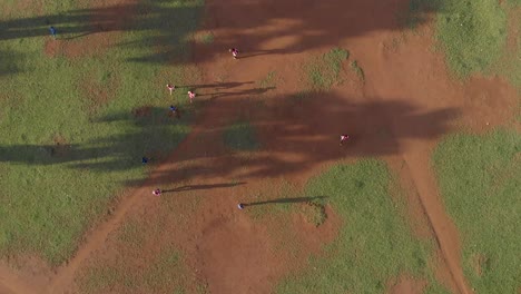 Eine-Luftaufnahme-Aus-Der-Vogelperspektive-Von-Afrikanern,-Die-Auf-Einem-Fußballplatz-Fußball-Spielen