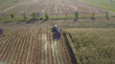 Tractor-Con-Contenedor-Chaser-Girando-A-La-Izquierda-En-El-Campo,-Después-De-Cosechar-Maíz,-Aéreo