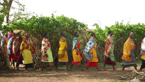 La-Gente-De-La-Aldea-Masai,-Una-Comunidad-Tribal-En-El-Parque-Nacional-Masai-Mara-En-Kenia,-Sale-De-Su-Enkang-Para-Saludar-A-Los-Visitantes,-Esta-Es-La-Comunidad-Tribal-Africana-Más-Conocida,-Colorida.