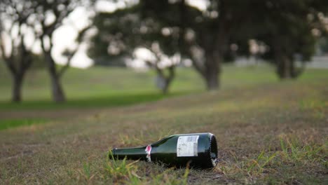 Eine-Flasche-Champagner-Fällt-Und-Trifft-In-Zeitlupe-Auf-Den-Boden,-Was-Den-Aufprall-Auf-Den-Schmutz-Zeigt