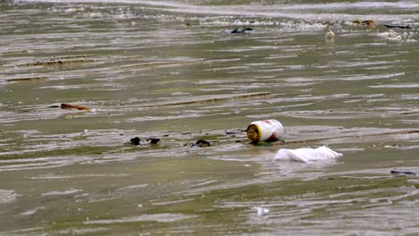 Garbage-Washing-Up-The-Shore-Of-Ha-Long-Bay,-Vietnam-By-Waves---Close-Up