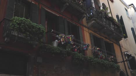 POV-view-for-a-decorated-green-small-street-windows-of-old-buildings-in-Venice
