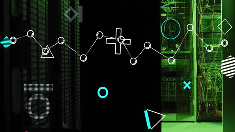 Animation-of-rotating-shapes-and-network-over-dark-computer-servers