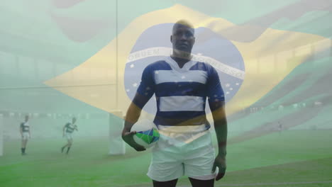 Animation-Der-Brasilianischen-Flagge-über-Verschiedenen-Rugbyspielern-Auf-Dem-Feld