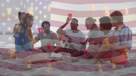 Animation-Der-US-Flagge-Und-Biersymbole-über-Fröhlichen,-Unterschiedlichen-Freunden-Bei-Einer-Strandparty-Im-Sommer