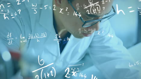 Animation-of-mathematical-equations-over-biracial-male-scientist-working-in-lab