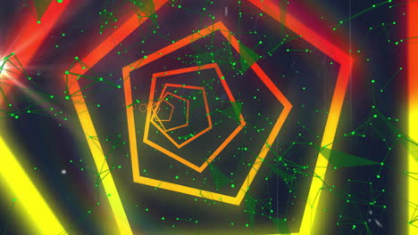 Animation-Eines-Grünen-Netzwerks-über-Einem-Roten-Und-Gelben-Sechsecktunnel-Auf-Dunklem-Hintergrund