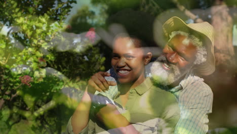 Animation-of-plants-over-african-american-couple-embracing-in-garden