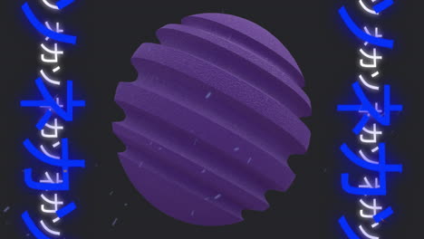 Animation-of-purple-globe-and-chinese-symbols-on-black-background