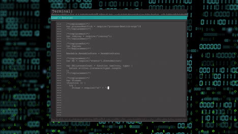 Animation-of-binary-data-and-text-processing-on-interface-with-grey-and-black-background