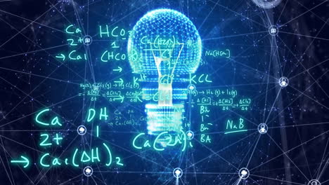Animation-of-chemical-equations-over-light-bulb-and-networks-on-dark-background