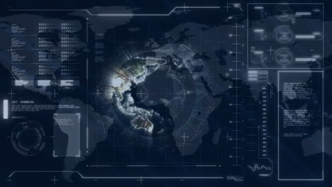 Animation-Der-Datenverarbeitung-Mit-Globus-über-Weltkarte-Auf-Schwarzem-Hintergrund