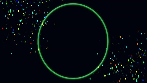 Animation-of-confetti-falling-and-neon-green-circle-on-black-background