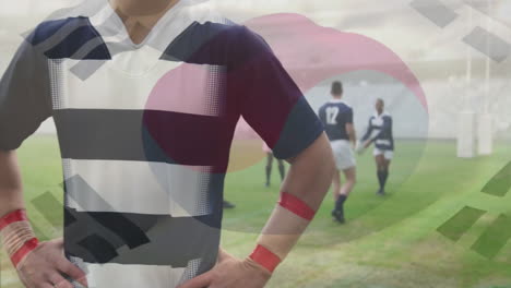 Animation-of-flag-of-south-korea-over-diverse-rugby-players-on-field
